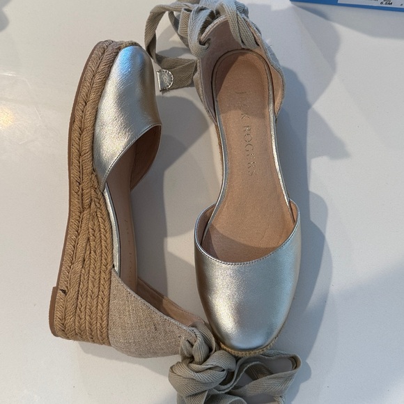 Leather Jack Rogers Palmer Ankle Wrap Espadrille Wedge in Platinum/Champagne - Picture 5 of 11